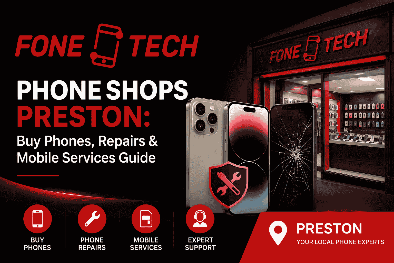 Phone shops Preston guide featuring Fone Tech for phone purchases, repairs, and mobile services.