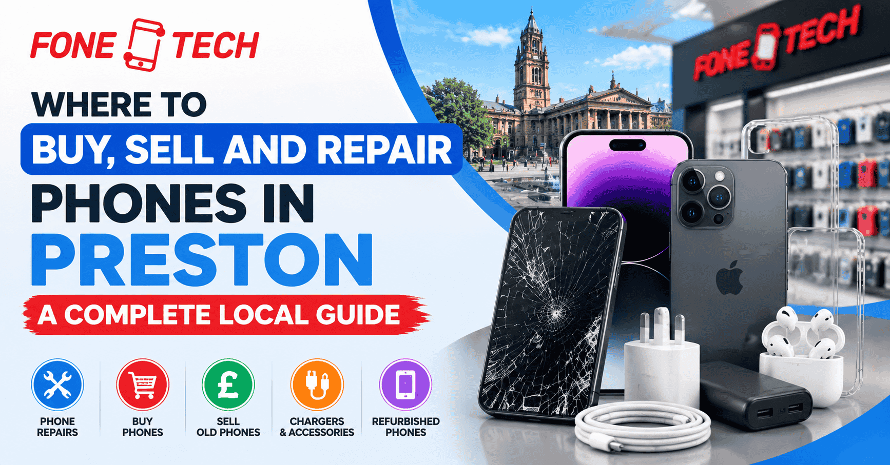 Phone shop Preston offering phone repairs, device sales, accessories and refurbished phones at Fone Tech